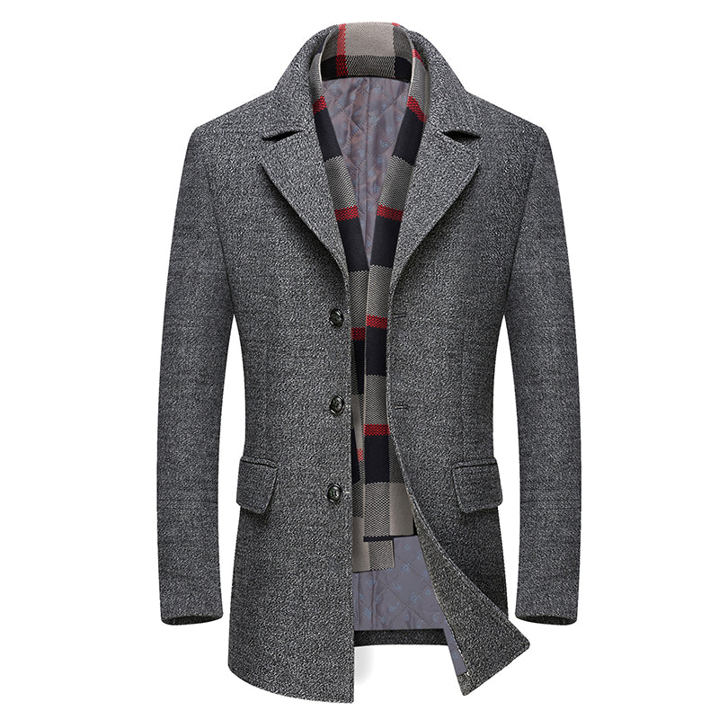 Winter Thick Men Wool Jackets Scarf Detachable Collar Fit Men Overcoats