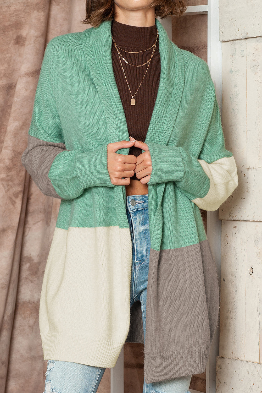 Green Colorblock Draped Open Front Cardigan